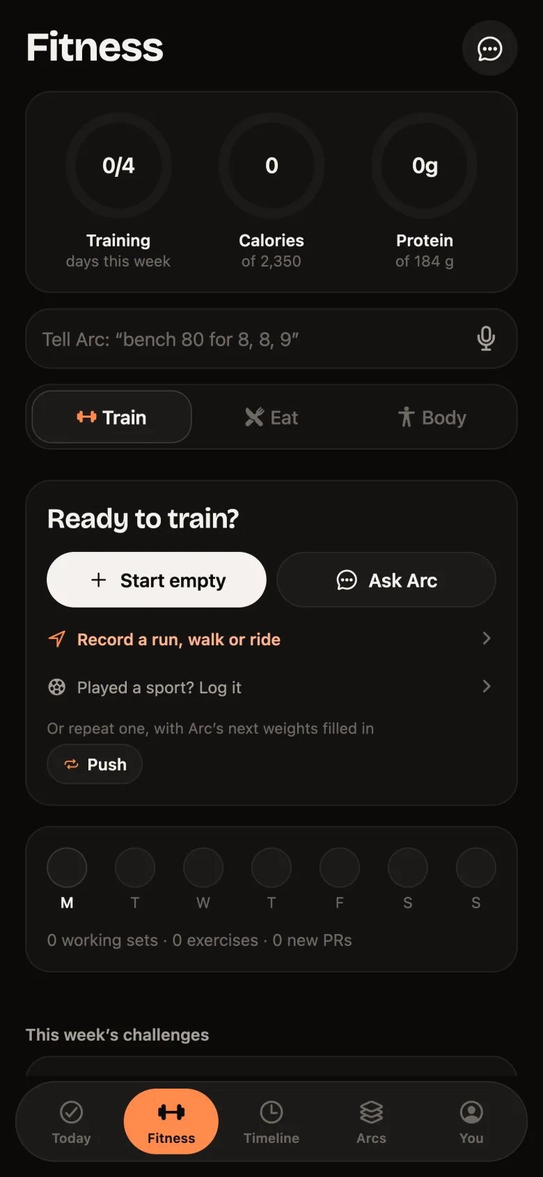 Arc’s Fitness screen: training, calories, protein