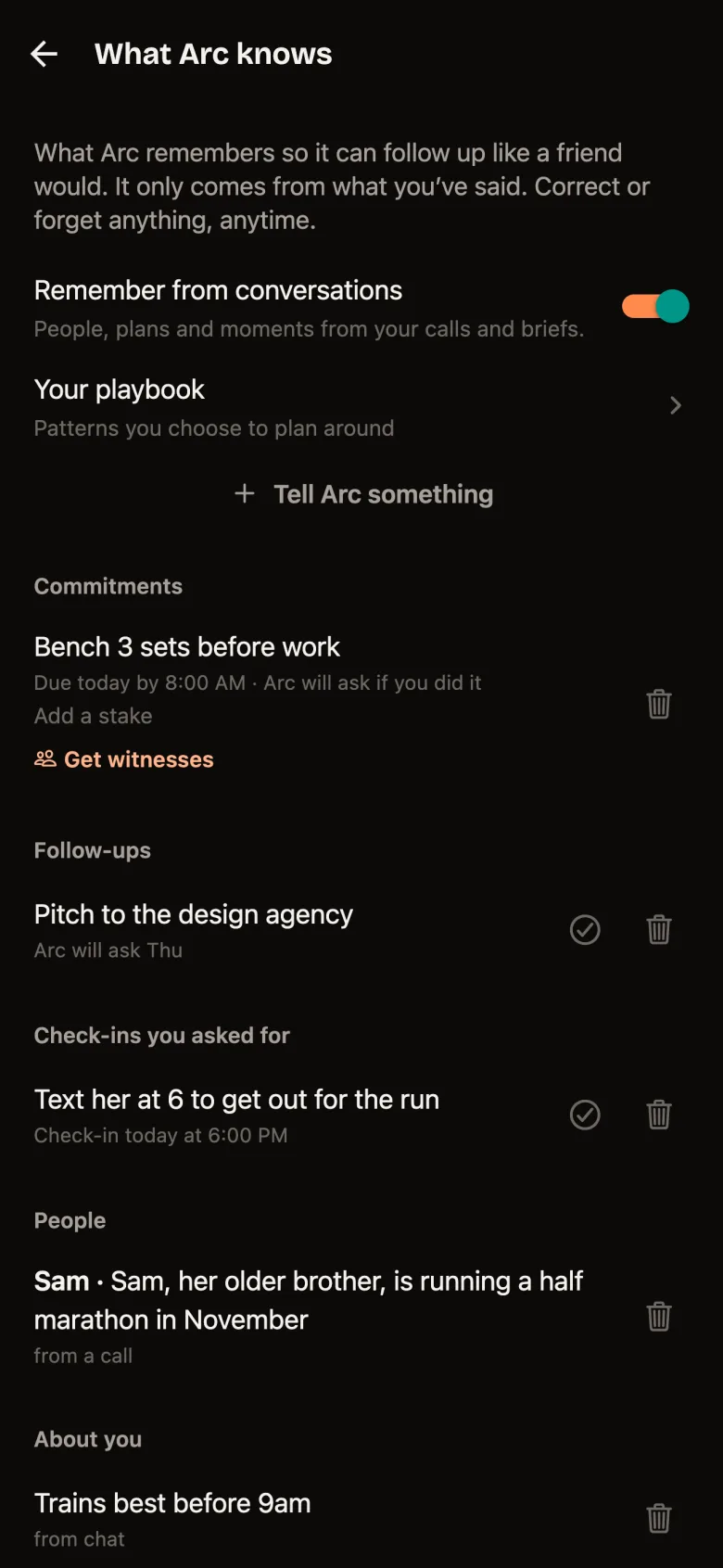 What Arc knows: commitments, follow ups, people